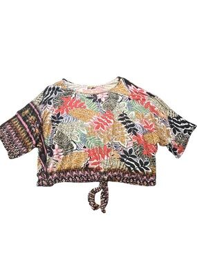 Democracy XL Tropical Floral Scoop Neck Top - Pink, Green, Black, Gold Tie Front
